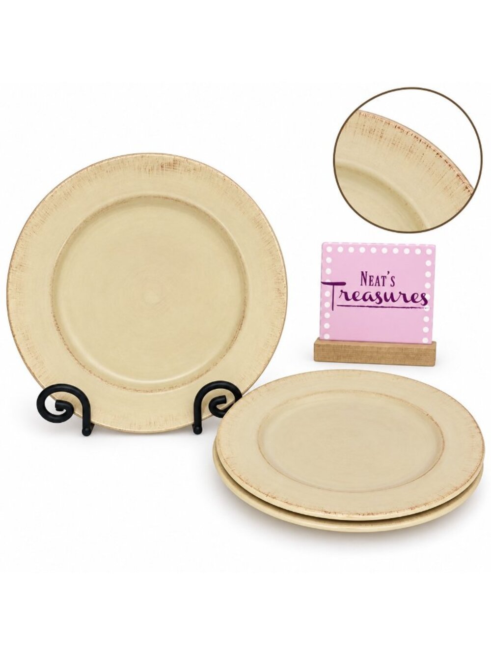 Tabletops BELVEDERE All Tan Terracotta Hand Painted Ceramic Salad Plates Set 3